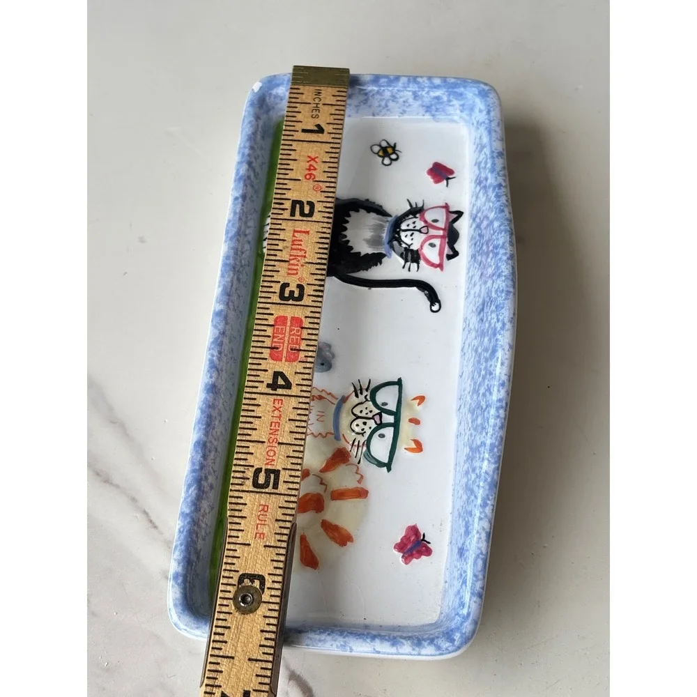 Whimsical Hand Painted Ceramic Cat Trinket Dish Eye Glass Tray Holder